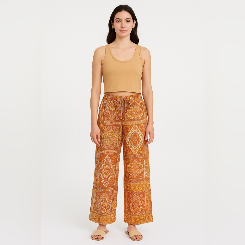 Sold Haute Hippie  Wide-Leg Pants With Paisley Print Drawstring Waist & Wo